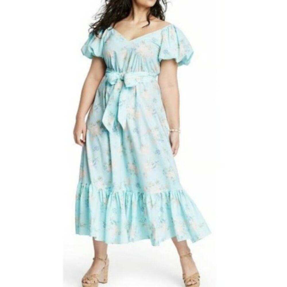 LoveShackFancy x Target Estelle Blue White Floral Puff Sleeve Midi Dress Size 10